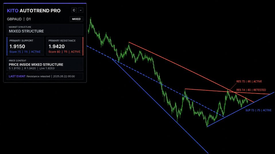 Kito Auto Trendline Pro mapping ranked support and resistance on MT5